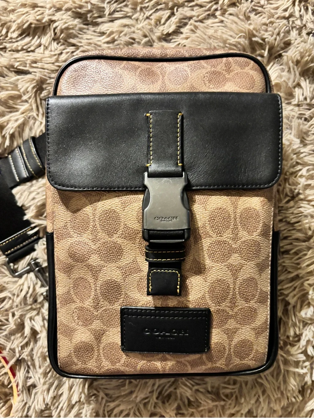 COACH Brown Signature Canvas Messenger Crossbody Bag with Black Leather Badge
